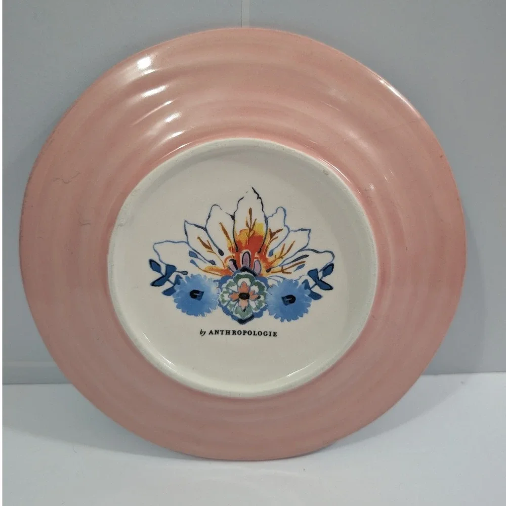 Anthropologie Floral Ceramic Salad Plate Pink Blue Hand Painted Style Boho